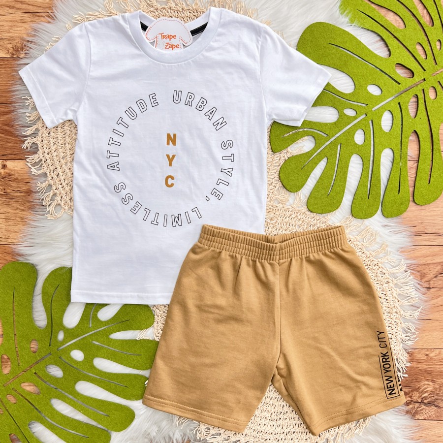 Conj. Camiseta Attitude Urban e Bermuda - Branco e Caramelo